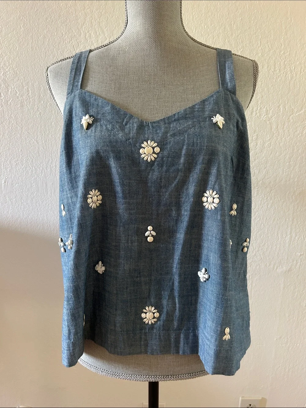 J. Crew Blue Cotton Chambray Embellished Tank with Tie Straps Size 10